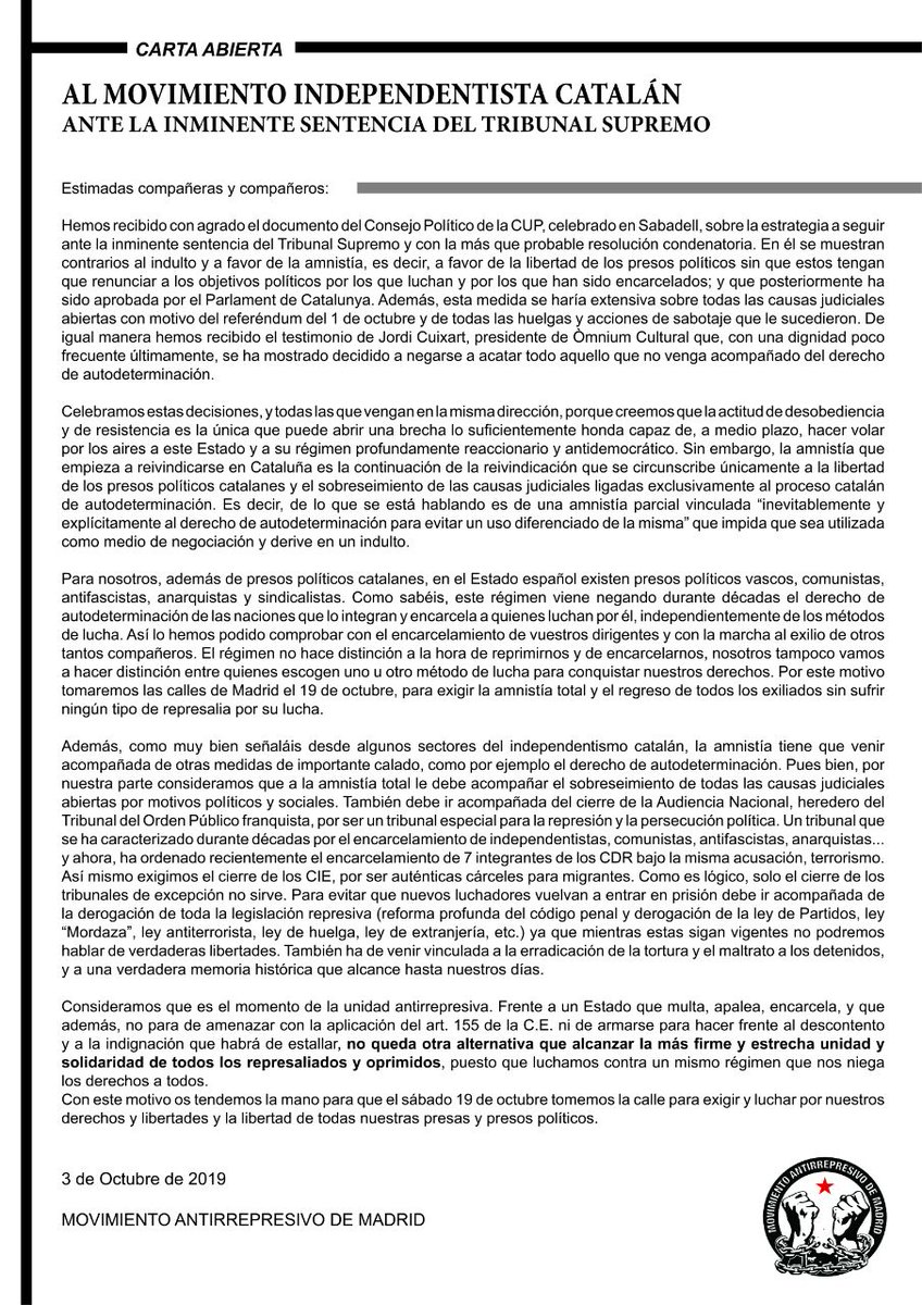 CARTA ABIERTA AL MOVIMIENTO INDEPENDISTA CATALÁN: 

Únamonos en la lucha por la Amnistía TOTAL.

(CAT/CAST)