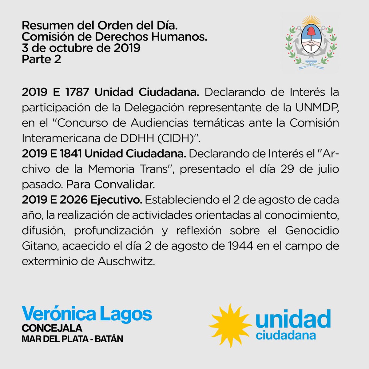 Les compartimos el orden del día de la Comisión de Derechos Humanos del Concejo Deliberante que se realizará hoy 3 de octubre a las 12:30 hs.

Creemos que es importante que la sociedad pueda tener acceso y conocimiento sobre qué temas se debaten en cada comisión.
