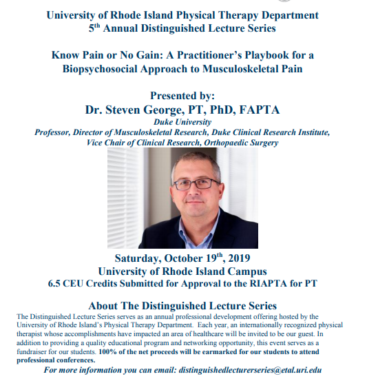 RIGEC_URI's tweet photo. The @universityofri @URIHealthSci Physical Therapy Dept. presents "Know Pain or No Gain: A Practitioner's Playbook for a Biopsychosocial Approach to Musculoskeletal Pain" by Dr. Steven George, Professor &amp; Vice Chair of Clinical Research &amp; Orthopaedic Surgery @DukeU https://t.co/awFkHMbX7k