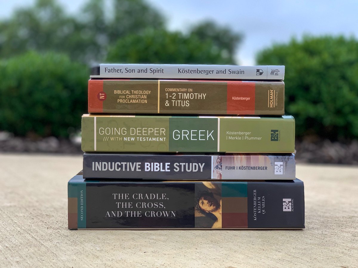 CBSMBTS's tweet photo. GIVEAWAY: To celebrate the announcement of the inauguration of the Center for Biblical Studies, we are giving away this stack of books from our Director, @AKostenberger. 

Follow and RT to enter. https://t.co/IFy776cHsC