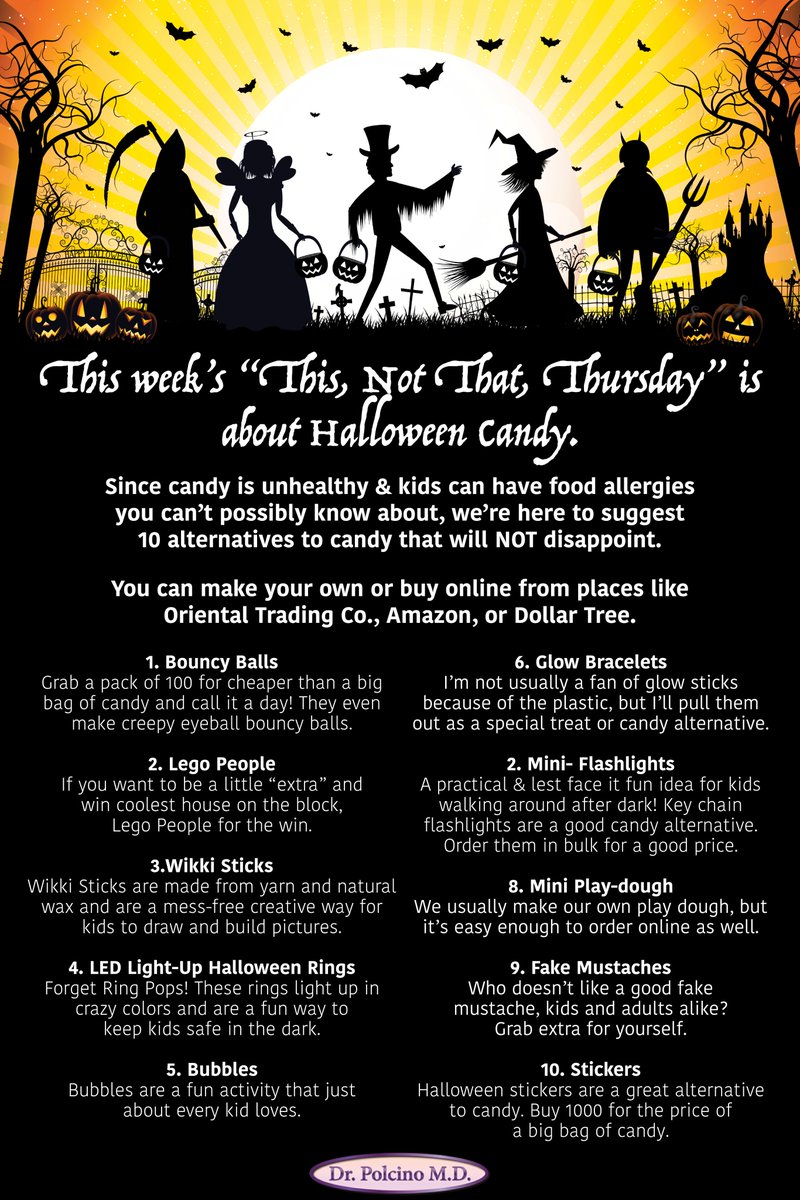 DrPolcino's tweet photo. This week’s “This, not That, Thursday” is about Halloween candy.
Since candy is super unhealthy & kids have food allergies you can’t possibly know about, we’re here to suggest 10 alternatives to candy that will definitely won’t disappoint.
#halloween
#allergy
#thisnotthatthursday https://t.co/VfgkaSf41V