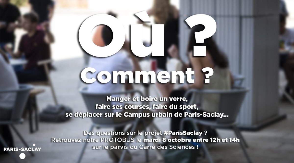 ParisSaclay's tweet photo. 👀Des questions sur #ParisSaclay ? Les équipes de l'EPA 
@ParisSaclay vous y répondent le mar. 8 octobre entre 12h et 14h sur le parvis de @centralesupelec dans notre #PROTOBUS👥Où faire ses courses🛒? Comment se déplacer🚌🚲🚶🏻‍♂️ ? Venez à notre rencontre ⤵ https://t.co/jDPQz9nsEF https://t.co/8q36tmZaRO