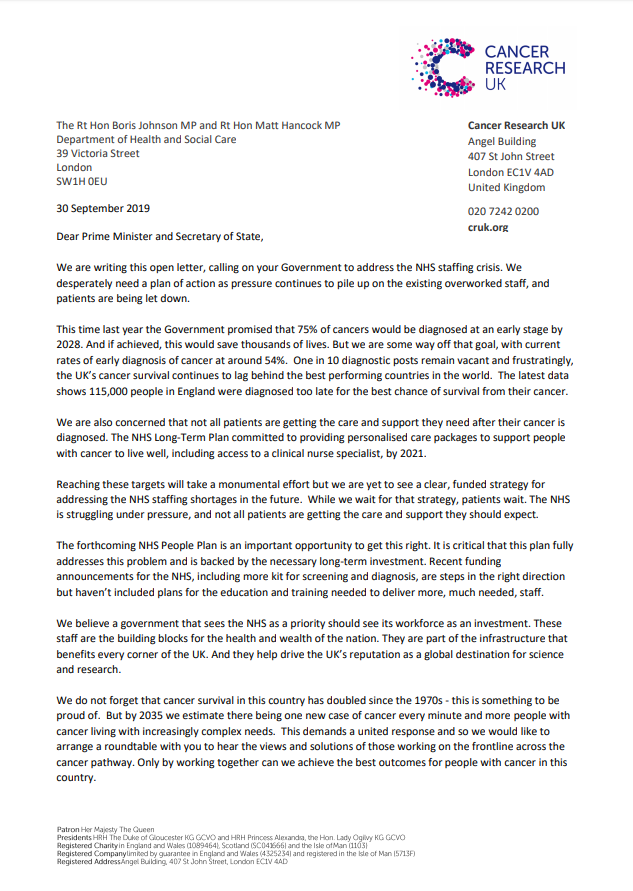 CRUK_Policy's tweet photo. Last year today, the Government committed to diagnosing 75% of cancers at an early stage by 2028, yet 1 in 10 diagnostic posts remain vacant. This week we, along with seven other charities, wrote to the Prime Minister calling on Government to urgently address the staffing crisis. https://t.co/xiVb5fpJVu