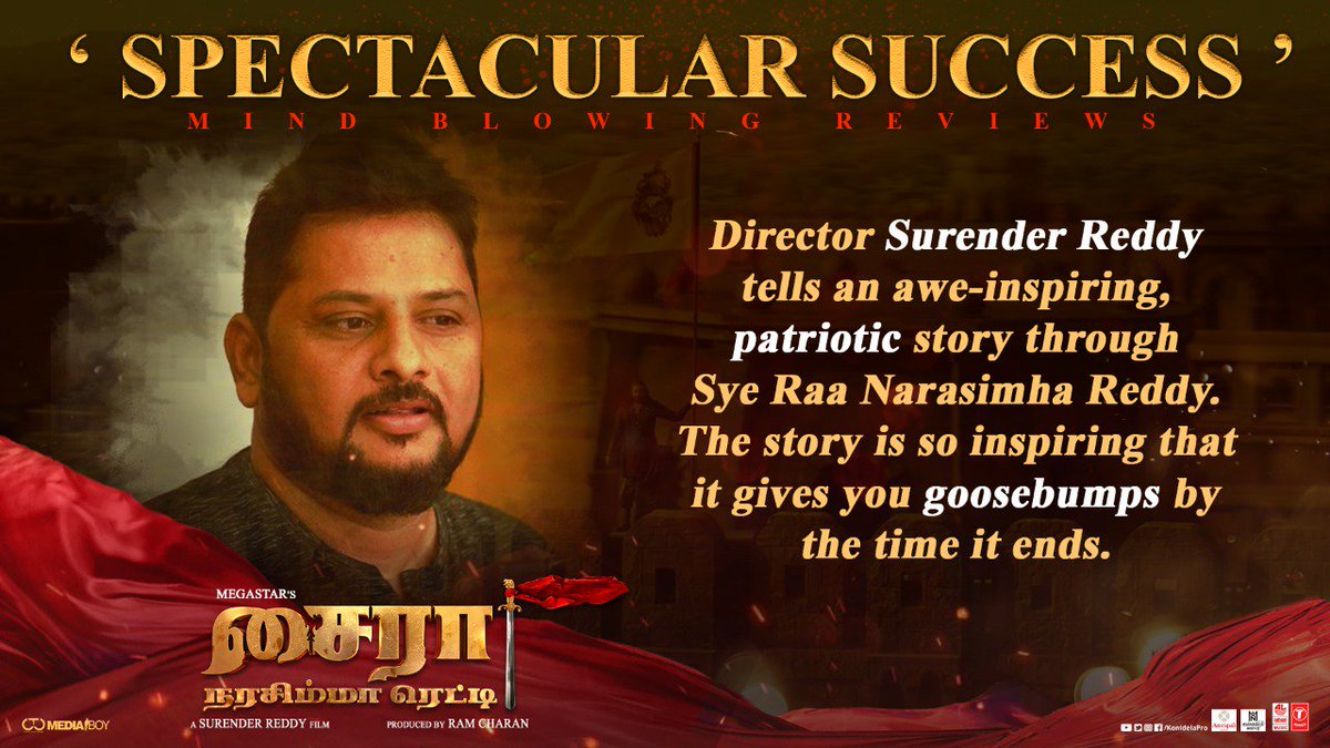 karursaro072's tweet photo. Director Surender Reddy tells an awe-inspiring patriotic story through Syeraa.
#SpectacularSyeRaa
A @SuperGoodFilms_ release
#RBChoudary #MegastarChiranjeevi @DirSurender @VijaySethuOffl #Nayanathara @KicchaSudeep @IamJagguBhai @tamannaahspeaks @RathnaveluDop @CtcMediaboy https://t.co/Y6TTqVYhXX