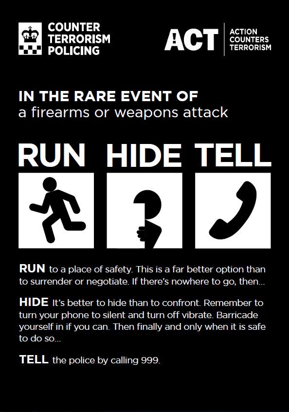 KeeleUniPolice's tweet photo. There is no specific intelligence to say colleges and universities are being targeted but it is really important that everyone is prepared. 

▪️These three words could save your life: RUN, HIDE, TELL.

👨‍🏫No lecture, just sound advice. 

@KeeleUniversity  @KeeleSU https://t.co/JLEjn6KjbN