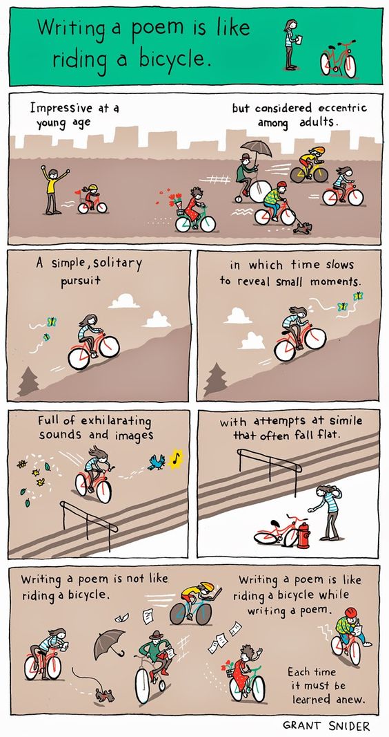 GordonBostic's tweet photo. Writing a poem is like riding a bicycle (by Grant Snider) via https://t.co/eLCAU94GbH  #amwriting #bookstagram #amreading #gordonbostic #comicwriting #comics #poetry https://t.co/laesy371YB