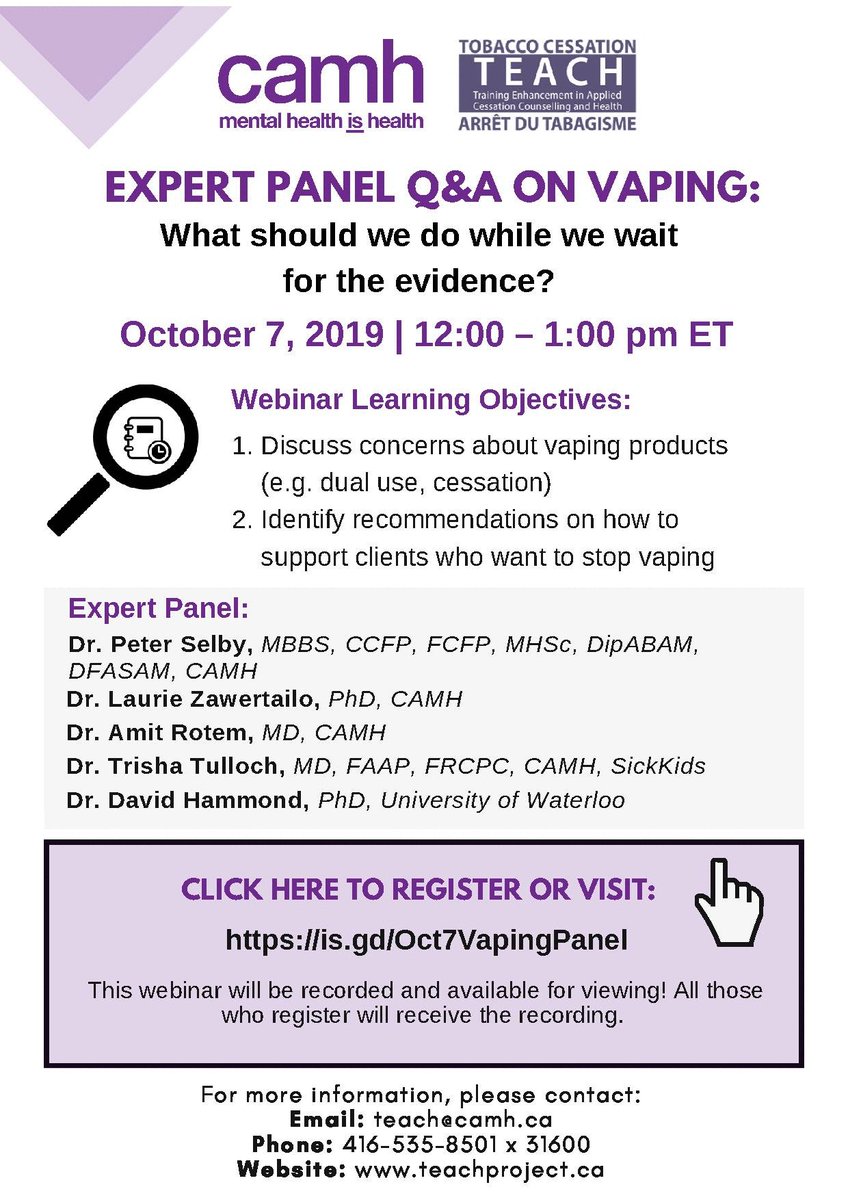 PSQuitSmoking's tweet photo. The #TEACHProject is hosting an interactive Q&A webinar about #vaping on Monday, Oct 7 from 12-1PM EST.
Join our subject matter experts to hear what #healthcare practitioners can do while we wait for more concrete evidence.
To register, visit: https://t.co/AEU1GSA88g
@CAMHnews https://t.co/AHzFueYMa7