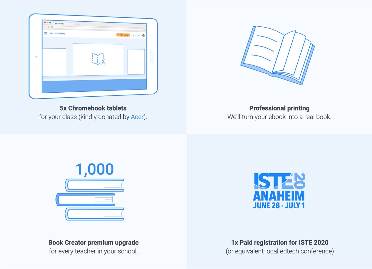 BookCreatorApp's tweet image. BOOK CREATOR COMPETITION!!!!
bookcreator.com/competition

🎉 WIN 5 Chromebook Tablets for your school (and other amazing prizes)! 

Theme: A Better Future 🤖

Submission deadline: 10th January 2020.