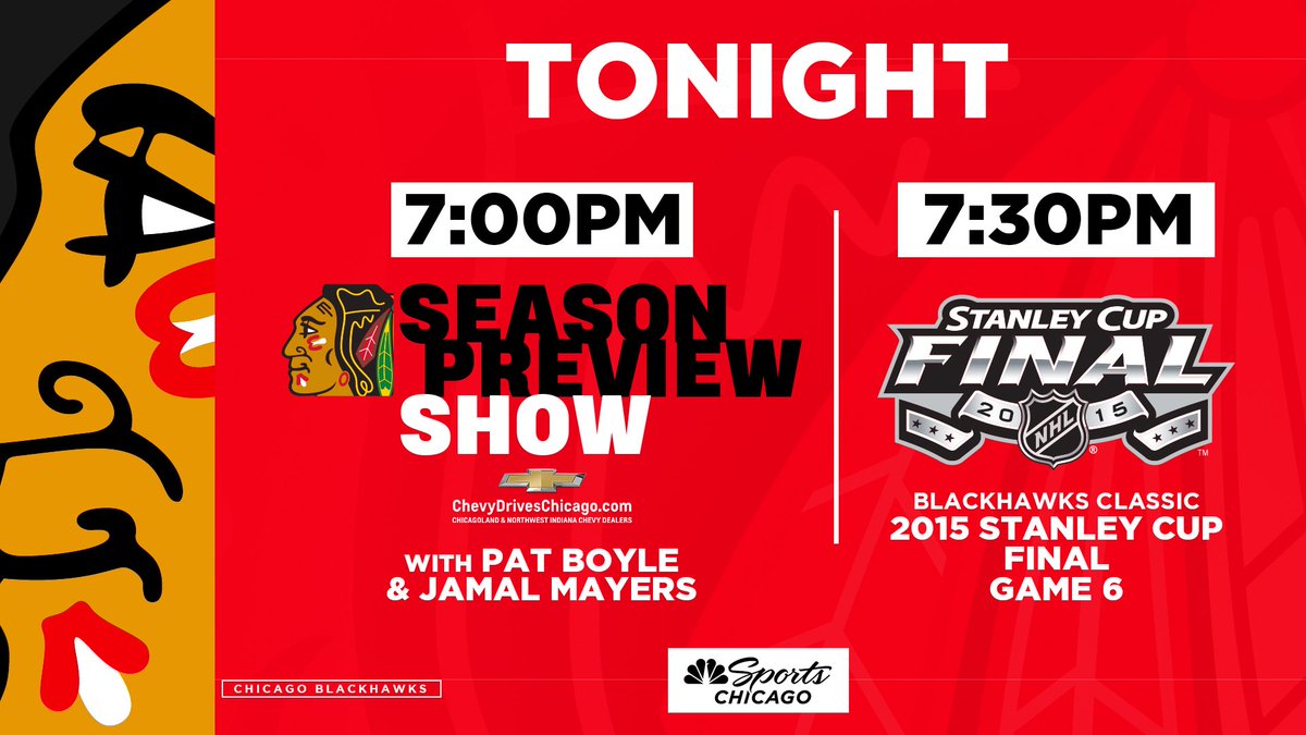 Just one more sleep till the <a href="/NHLBlackhawks/">Chicago Blackhawks</a> start their season!

Great ready with our Preview Show tonight, featuring @BoyleNBCS <a href="/jamalmayers/">Jamal Mayers</a> <a href="/10PSharp/">Patrick Sharp</a> and <a href="/CRoumeliotis/">Charlie Roumeliotis</a>, at 7 PM. 

Then relive Game 6 of the 2015 Stanley Cup Final right after!

STREAM: bit.ly/2pu5ARL