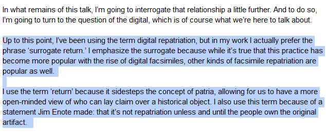 brimwats's tweet image. since her presentation at #sharp19 I have also been trying to use the term surrogate -- also when thinking about digital copies of originals. #DHForum2019 @IDRH_KU