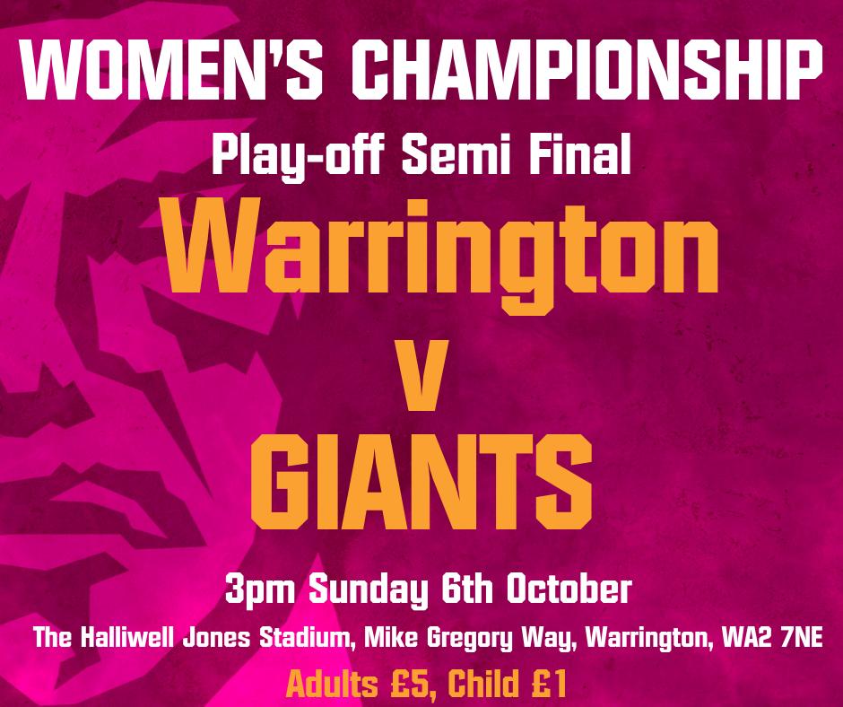 GiantsWRL's tweet photo. After our 1️⃣st season in the Women's Championship we have secured a Top 4️⃣ finish! 
We now take on Warrington this Sunday in the Play-off Semi Final!
If you can come support the girls, it could make the difference!
#COYG #rugbyleague #womensrugbyleague Huddersfield Giants https://t.co/8jg0ygHuUW