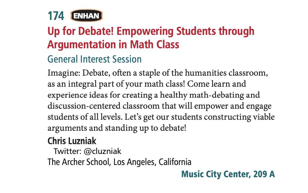 cluzniak's tweet photo. Learning so much about #sjmath and #ClimateChange math here at #NCTMNash19.
Come to the #debatemath session tomorrow (Fri) at 8am to talk routines for getting Ss engaged in rich discourse around debatable math! https://t.co/NGKecPJrV7