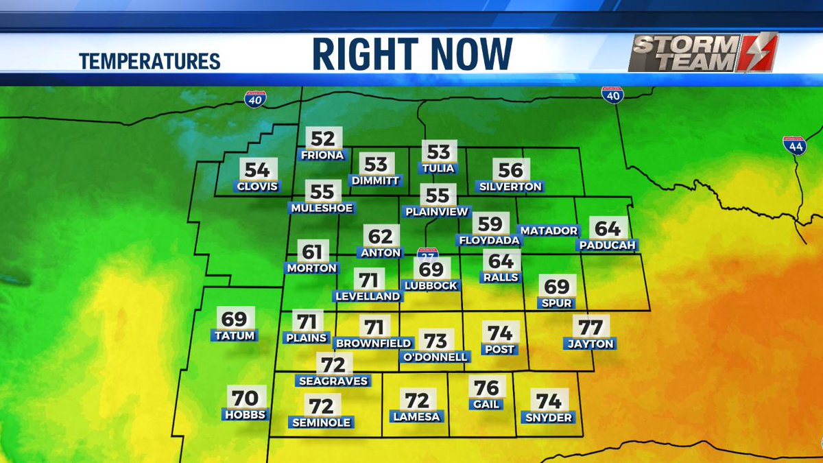 KellianneWX's tweet photo. The cold front is doing it's thing. Check out these temperatures as of 10:11 AM. Friona is at a chilly 52° and the temperature is still DROPPING. #KAMC #txwx #TXColdFront https://t.co/7CoiGtfXoy