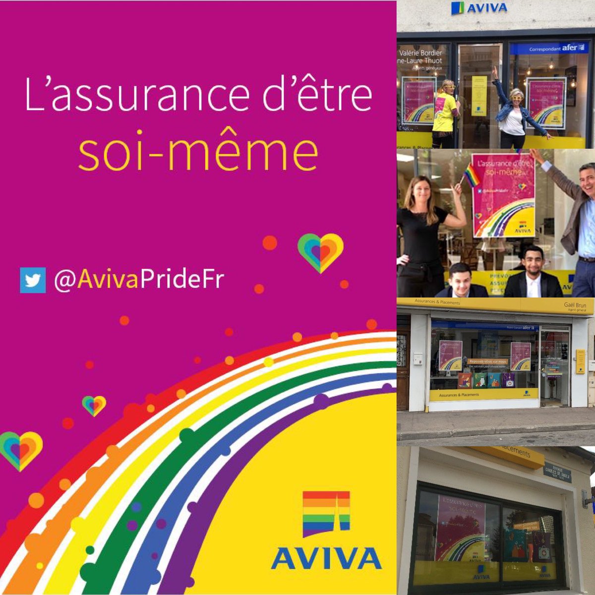 AvivaPrideFr's tweet photo. Bravo aux agences @AvivaFrance lauréates du concours de la plus belle vitrine aux couleurs de l’inclusion. 👏Meulin, 👏Clamart, 👏Aulnay-sous-Bois et 👏Le Mesnil Saint Denis 👏 #LGBT 👍🏳️‍🌈@AvivaPrideFr 🏳️‍🌈 #AvivaLAssuranceDEtreSoiMeme  ❤️🧡💛💚💙💜 https://t.co/egxYQ9PjPv
