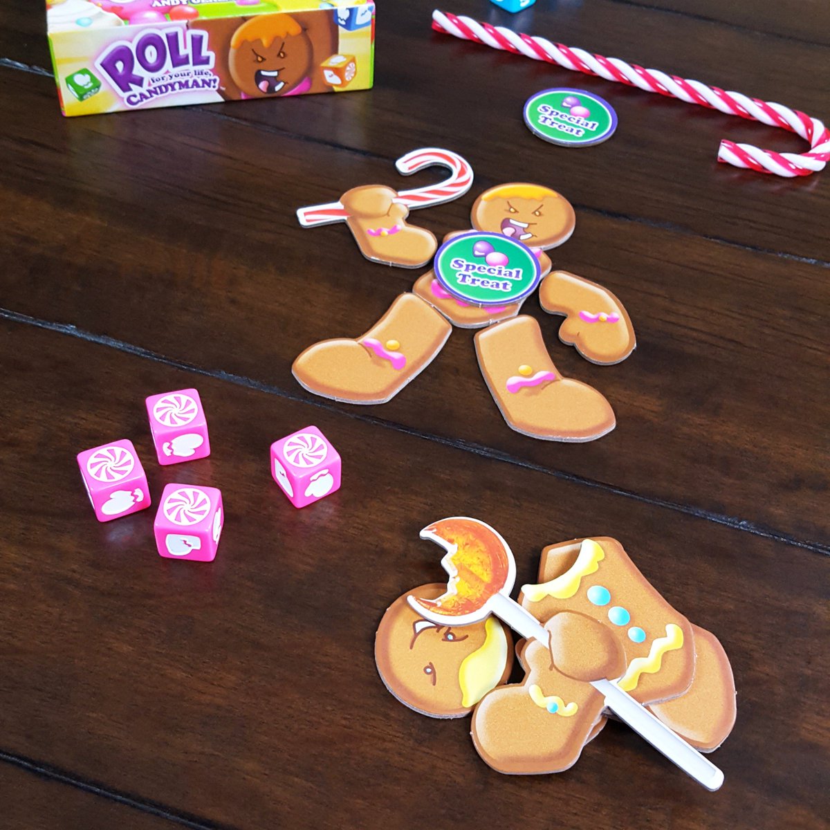 WCGamesMN's tweet photo. ROLL for your life, CANDYMAN!: https://t.co/4U5yctU153 Fun and fast dice game. Get 4 of a kind, grab the candy cane and lop off the limbs or your opponents. Special strikes for head/body. Last one with pieces left wins! @SmirkandDagger @BoardGameGeek #tabletop #whitecabinetgames https://t.co/MZ8KgkANx3