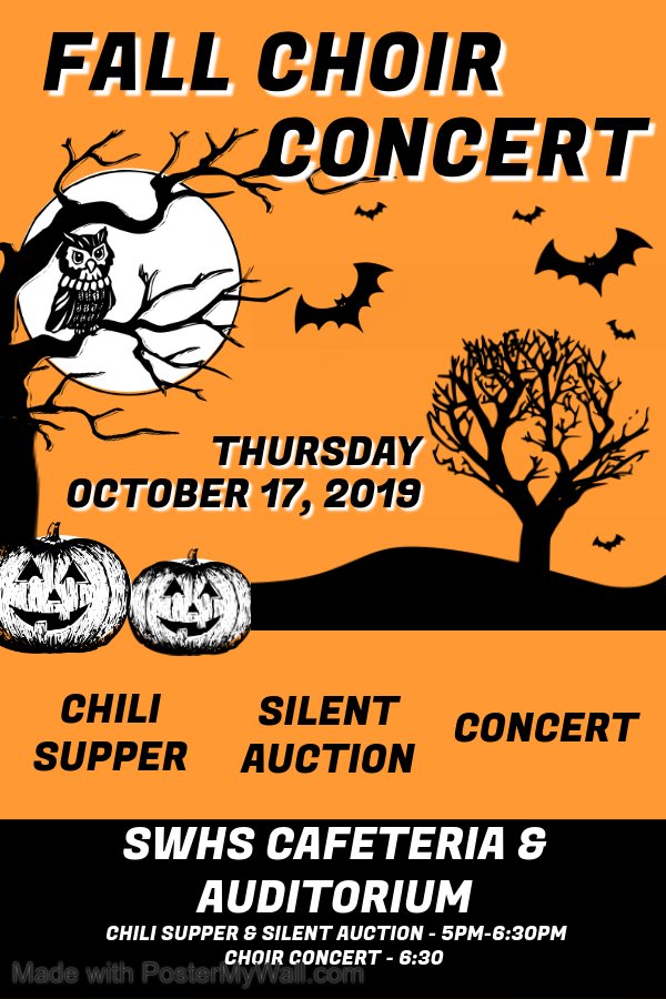 Mark your calendars!!! Our fall choir concert, chili supper and silent auction is coming up on Thursday, October 17th! Everyone come out and enjoy some dinner and some outstanding singing!