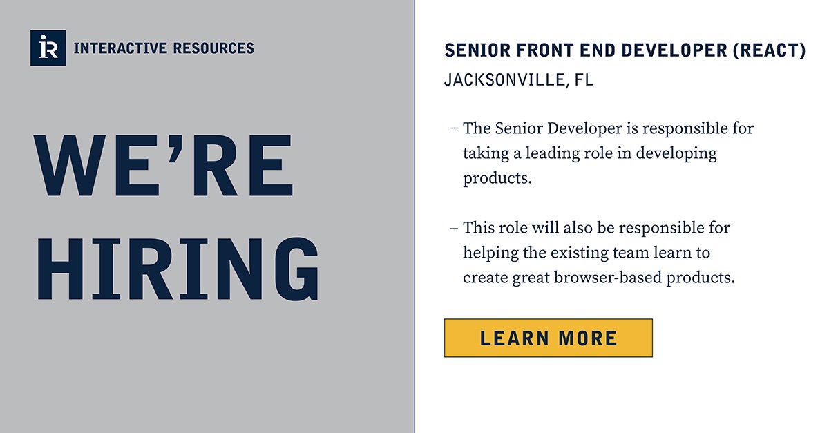 Seeking a Senior Front End Developer (React) in Jacksonville, FL! This is an amazing opportunity with a great company. Please reach out to us if this looks like a good fit for you or someone you know! tinyurl.com/yyaycwcy