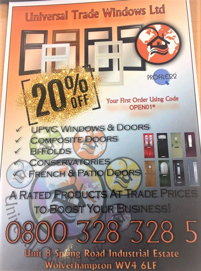 UniversalTrad15's tweet photo. We have some #Discounts for new #trade customers! Check out the #Facebook page https://t.co/M8uAiUpCtn
#windows #uPVC #TheBest #whygoelsewhere #October3rd https://t.co/rLArNzgIe7