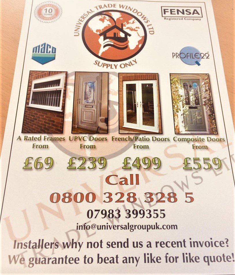 UniversalTrad15's tweet photo. We have some #Discounts for new #trade customers! Check out the #Facebook page https://t.co/M8uAiUpCtn
#windows #uPVC #TheBest #whygoelsewhere #October3rd https://t.co/rLArNzgIe7