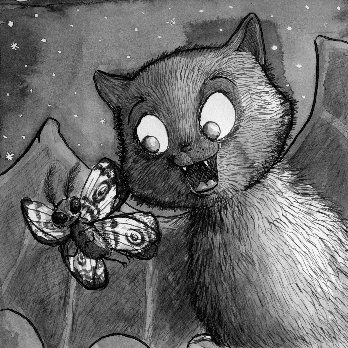 ~ Bat Bait ~ #mabsdrawlloweenclub #inktober Bats are one of my favourite animals, so this one was extra fun.

#scbwi #scbwi_bi #picturebookillustrators #spookycute #halloween #inktober2019 #illustration