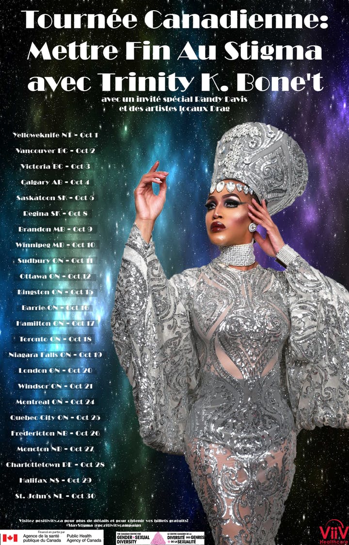 La tournée canadienne Slay Stigma – contre la #stigmatisation du #VIH – avec <a href="/trinitykbonet/">Trinity K. Bonet🏳️‍⚧️😝</a> de la 6e saison de #rupaulsdragrace s'arrêtera à Montréal le 24 octobre prochain, au Latulipe! #pozitivity

Pour des billets: eventbrite.com/e/pozitivity-t…