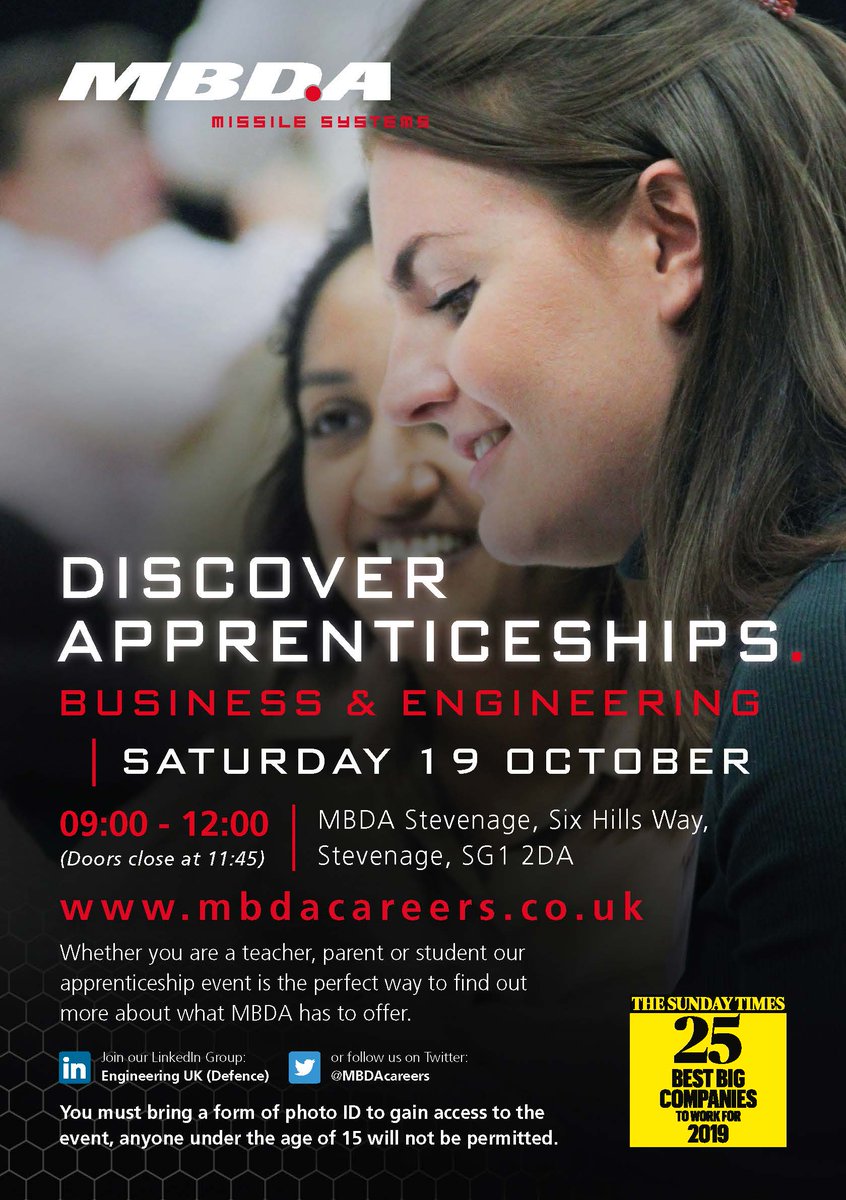 CareersKts's tweet photo. Exciting opportunity for students looking at Apprenticeships in Business or Engineering at MBDA in Stevenage, details on the flyer or come and speak to Miss McGuigan for more information #Apprenticeship #business  #engineeringinspiration https://t.co/vIQ9zCFCA1