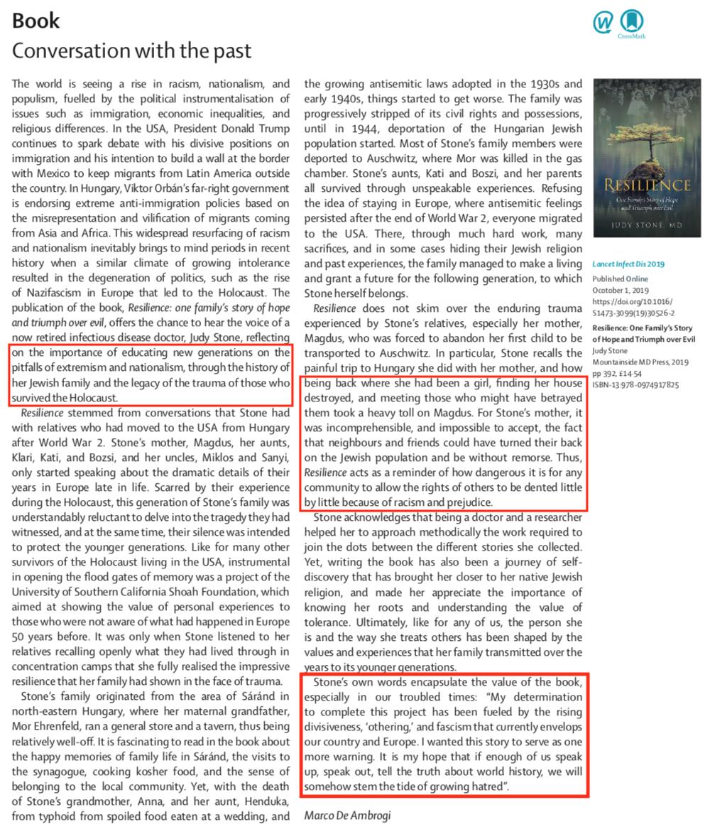 DrJudyStone's tweet image. Icymi, my new book, RESILIENCE: One Family's Story of Hope and Triumph over Evil, on escaping the #Holocaust, rebuilding lives, #kindness and honoring promises. With impressive blurbs bit.ly/2ILeaE2 incl @TheLancetInfDis
Attn: @HolocaustMuseum @AuschwitzMuseum @yadvashem