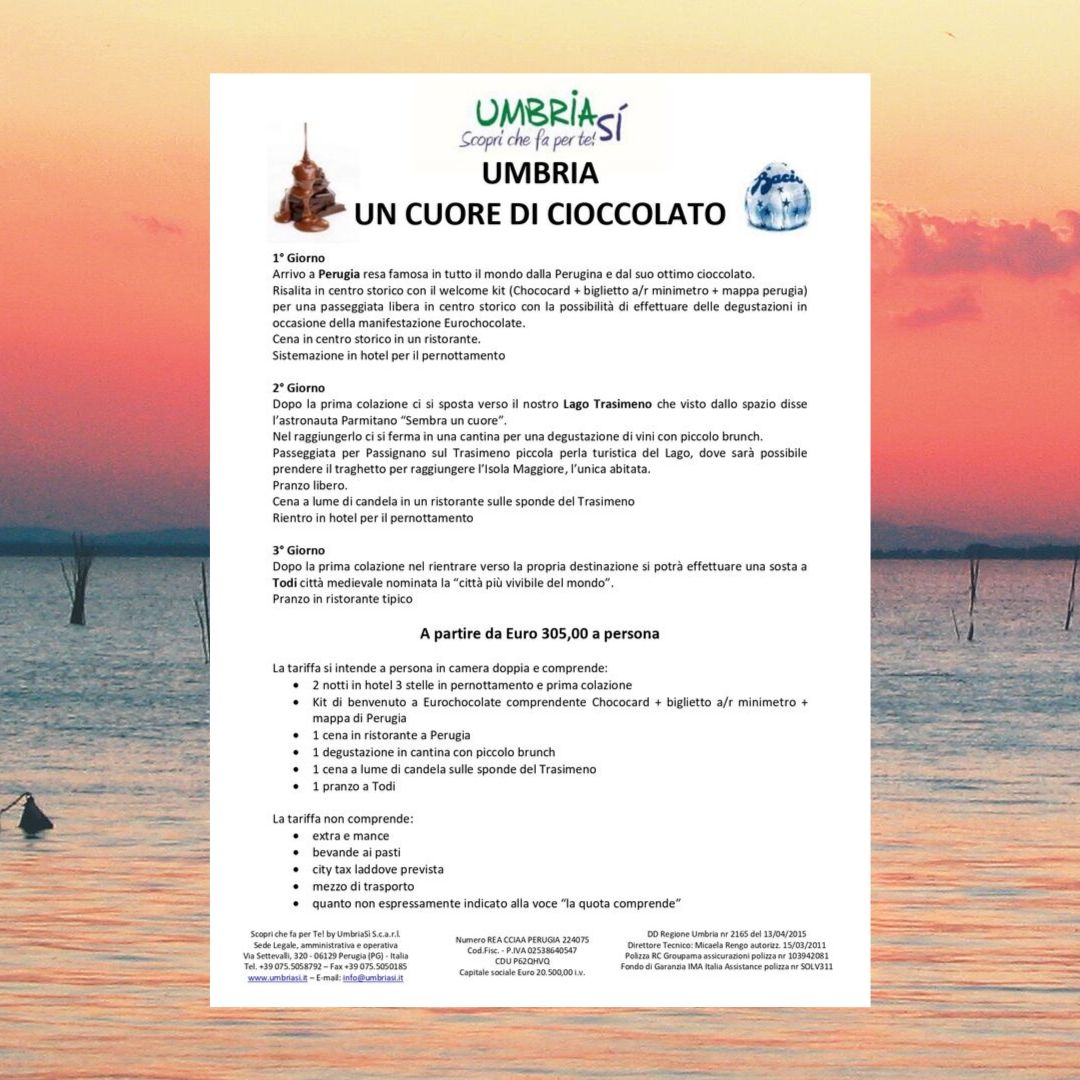 Un itinerario goloso che abbina il nostro lago Trasimeno alla manifestazione Eurochocolate. Richiedi informazioni sulla nostra offerta!