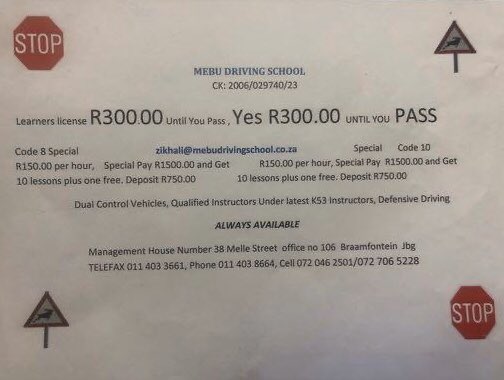 Please support our driving school in Braam guys. Just opposite McDonald’s. There are student discounts as well!💛