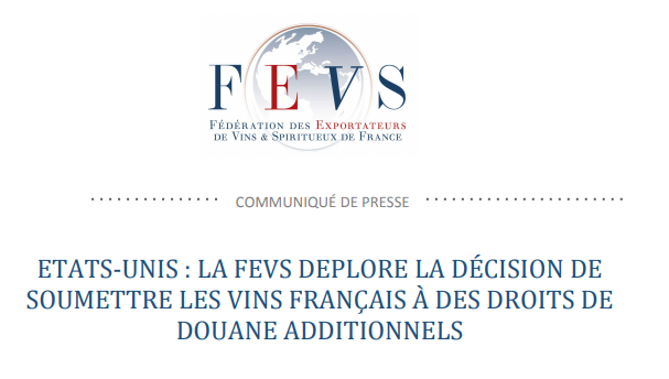 FEVS_France's tweet photo. Le communiqué de presse de la @FEVS_France qui déplore la décision des Etats-Unis de soumettre les vins français à des droits de douane additionnels 👇👇
https://t.co/xdurjIA1Te https://t.co/2GEzFwbdmZ