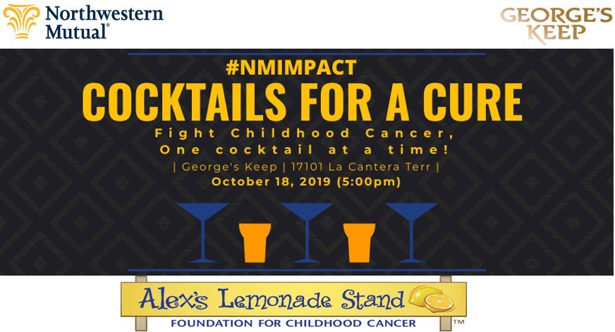 AlexsEvents's tweet photo. Join Northwestern Mutual - San Antonio for #NMIMPACT Cocktails For A Cure on October 18th at George's Keep. Drink specials, DJ, snacks and a special lemon themed drink benefiting @AlexsLemonade! 🍋🎗️ https://t.co/Un2sQOJfV0