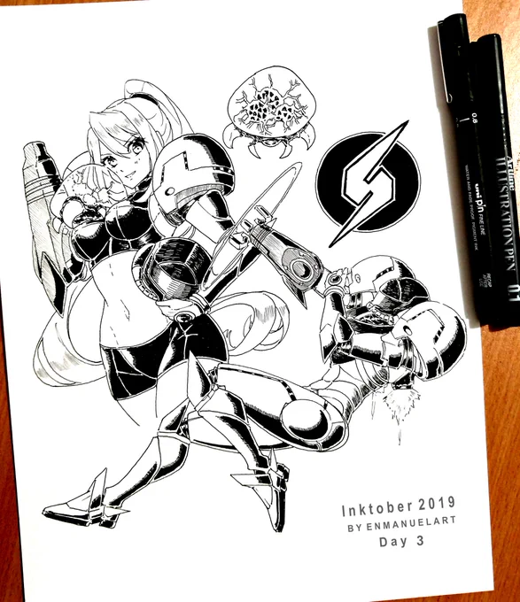 Inktober 2019 day 3 "Samus Aran the Bounty Hunter".
I'm a hardcore fan of the Metroid series, was gonna draw her Suit using her Blaster but ended up drawing her zero suit with her baby ??
#inktober #inktober2019 #arttrober2019 #samus 