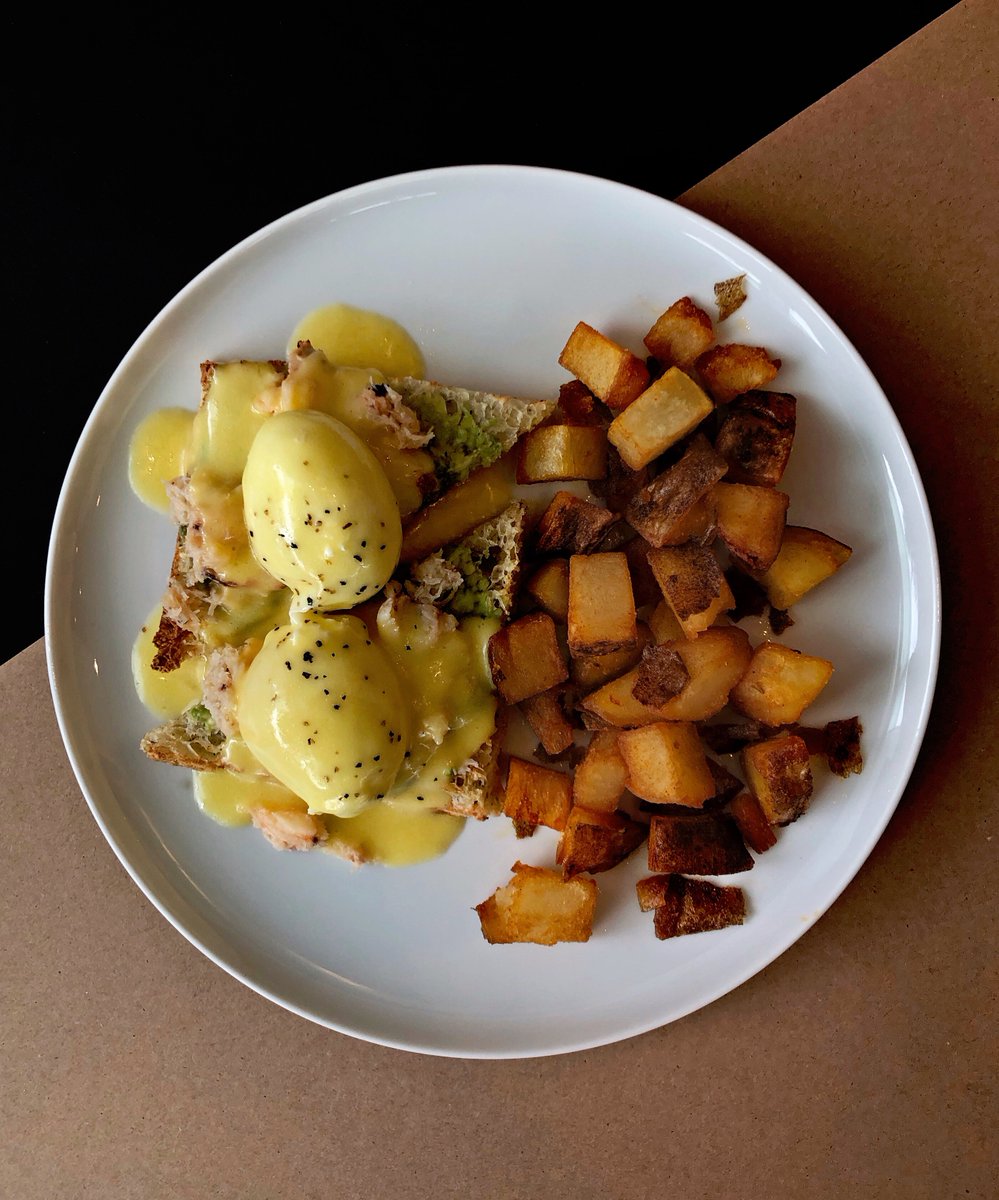 Mediterranean Benedict is the only way to your belly! Crab with avocado on fresh house-made focaccia topped with hollandaise sauce.