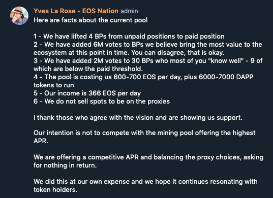 Agree or disagree we think @EOS_Nation &amp; @YBNormlJapan are doing an incredible amount of work to bring value into the $eos ecosystem. If you like us, believe in what EOS Nation is doing, go vote their proxy at eosbots.io and start automatically claiming rewards daily