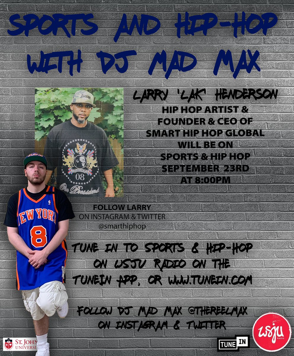 thereelmax's tweet photo. This Monday night at 8:00pm est on my show “Sports and Hip-Hop with DJ Mad Max” Lak @SmartHipHop will be in the building on @wsjuradio at @stjohnsu! Go checkout his latest project Lesson 2: Hiphop &amp; Education on all platforms, link: https://t.co/12pSVKT95B. https://t.co/XBbbTBvHay