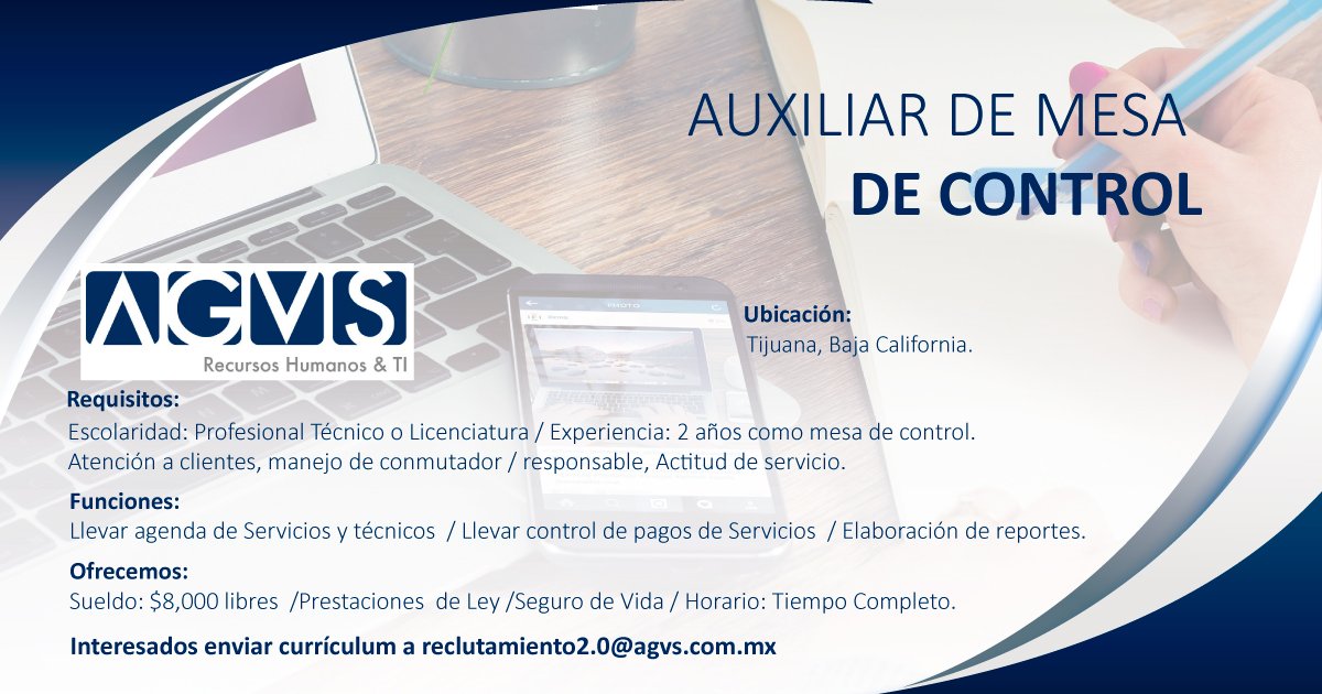 AgvsRHTI's tweet photo. Solicitamos Auxiliar de Mesa de Control en #Tijuana #BajaCalifornia interesados envíen #ahora currículo a reclutamiento2.0@agvs.com.mx #Job, #Jobs, #Hiring, #life, #money #empleo #mundo #trabajo #followme #followback #sougofollow #followmejp #FelizSabado https://t.co/WrKjnQZF0H