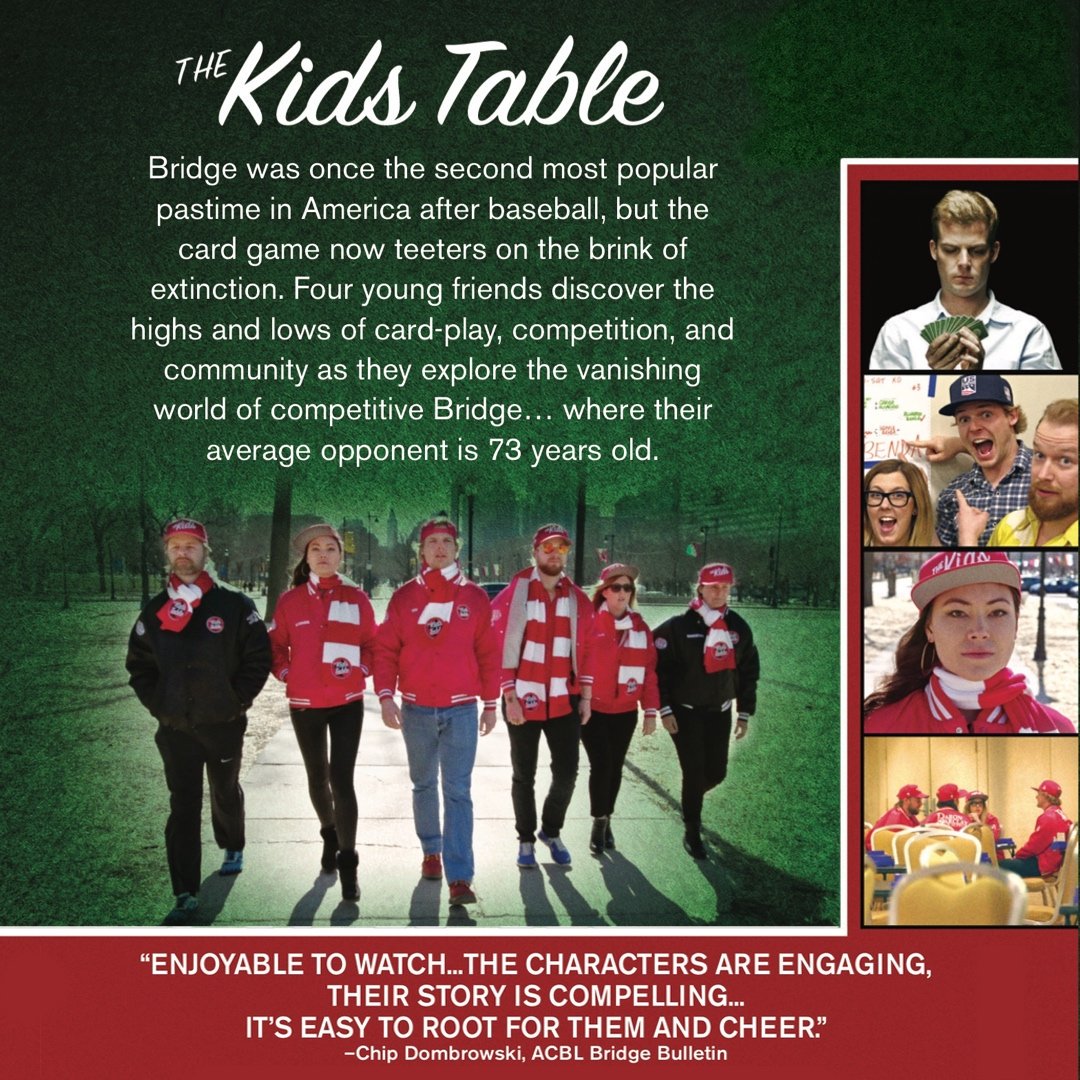 BridgeKidsDoc's tweet image. Hang out with the "Kids" this weekend! Watch #TheKidsTable, a new documentary following four friends' whirlwind journey inside the world of competitive Bridge! Get it on Apple TV: apple.co/2lTsVKU