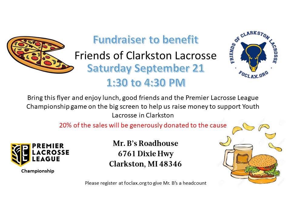 StinsonMellor's tweet image. If you’re looking for a place with good food to watch the PLL championships, check this out.  Donations go to a quality program.  #clarkstonlacrosse #outcomethewolves