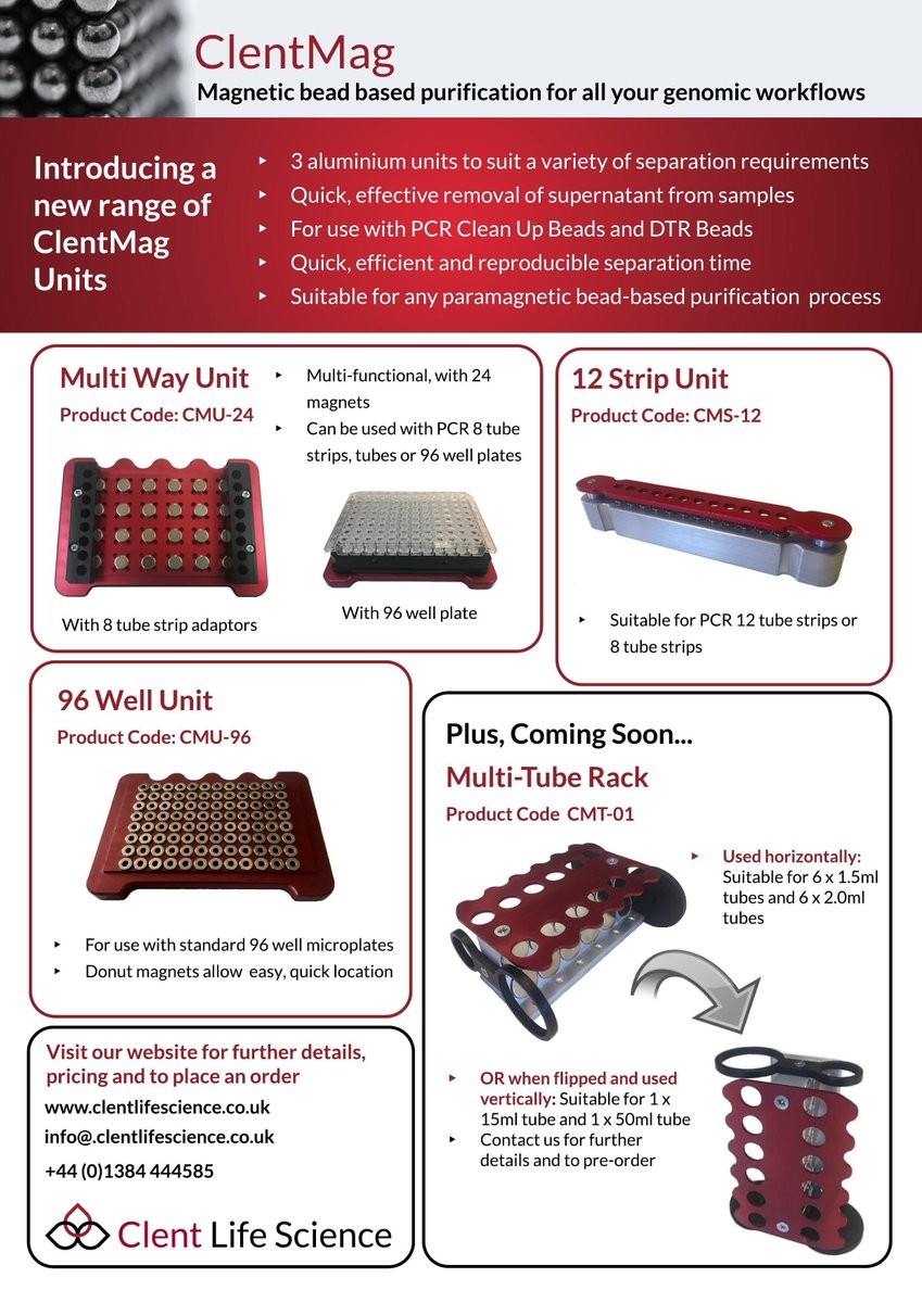 ClentScience's tweet photo. New ClentMag Units are now available for magnetic bead based separation, perfect for all your genomic workflows. PCR 8 or 12 tube strips, 96 well plates, plus coming soon, our new Multi-Tube Rack..

Find out more: https://t.co/3doLRzOXhG

#PCR #DTR #genomics https://t.co/ljcQYuQSpQ