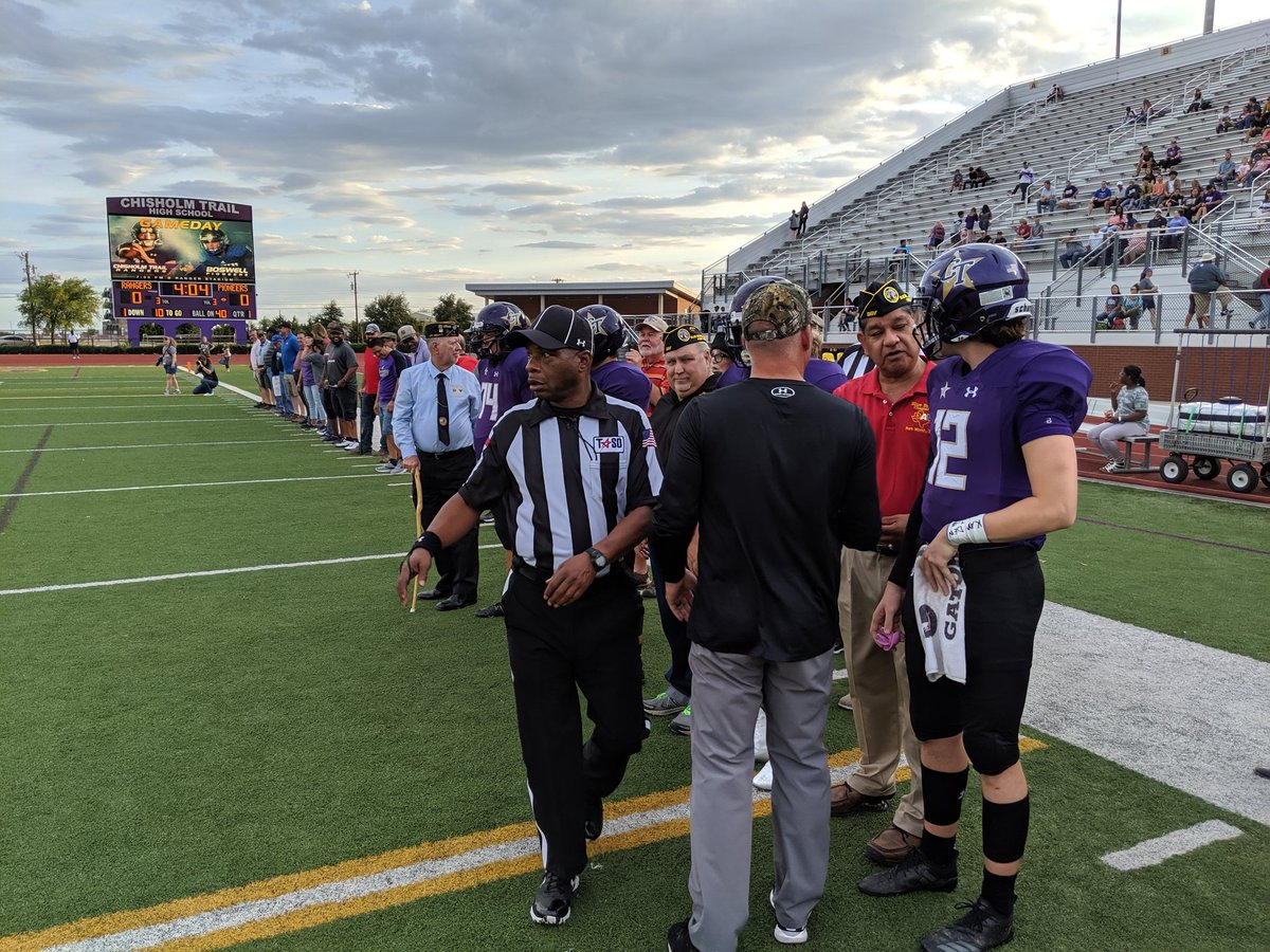 ChisholmTrailHS's tweet photo. Special night @CTHS_Football acknowledging the service and sacrifice of US Armed Forces active service members &amp; Veterans. #RangersRIDE #BeTheReason #InvolvementThroughService #InspirationThroughIntegrity @EMSISD @emsisdathletics https://t.co/3b3A4DkvcE