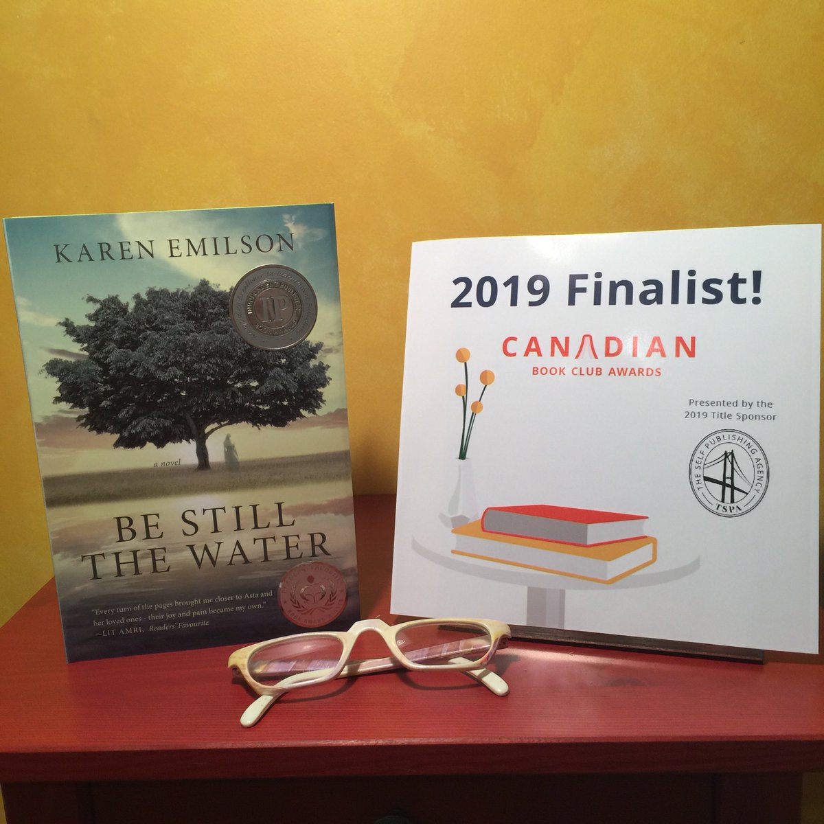 karenemilson's tweet photo. Exciting news to share! Thanks to @canadianbookclubawards and #raiseaglassto Evolve Cellars in Penticton for sponsoring the event. Cheers! #BookClub #bestillthewater https://t.co/vaU6tukqrj