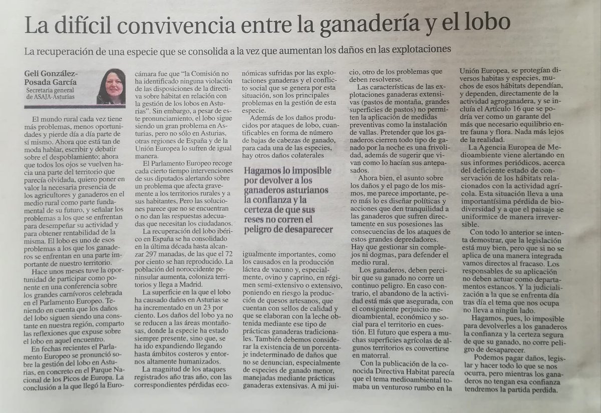 🗞️Comparto con vosotros este artículo de la secretaria general de Asaja-Asturias <a href="/geli_posada/">Geli González-Posada</a> que hoy publica <a href="/lanuevaespana/">La Nueva España</a>.
Una acertada reflexión sobre lo que debe hacerse para evitar que nuestros ganaderos abandonen el campo. 
Os recomiendo su lectura.👇
