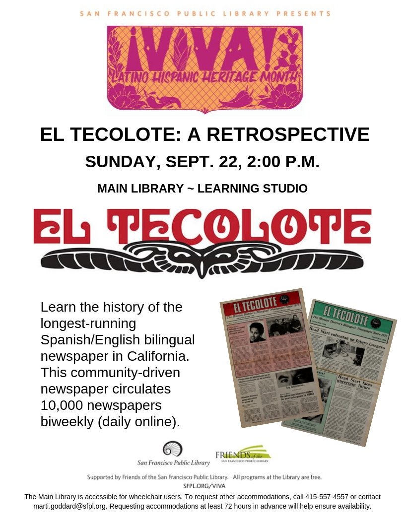 SFPublicLibrary's tweet image. TOMORROW! learn the history of the longest running bi-lingual newspaper in CA- @elteco. SUN, 9/22, 2PM #SFPLMainLibrary, 5th Flr. learning center. sfpl.org/index.php?pg=1…