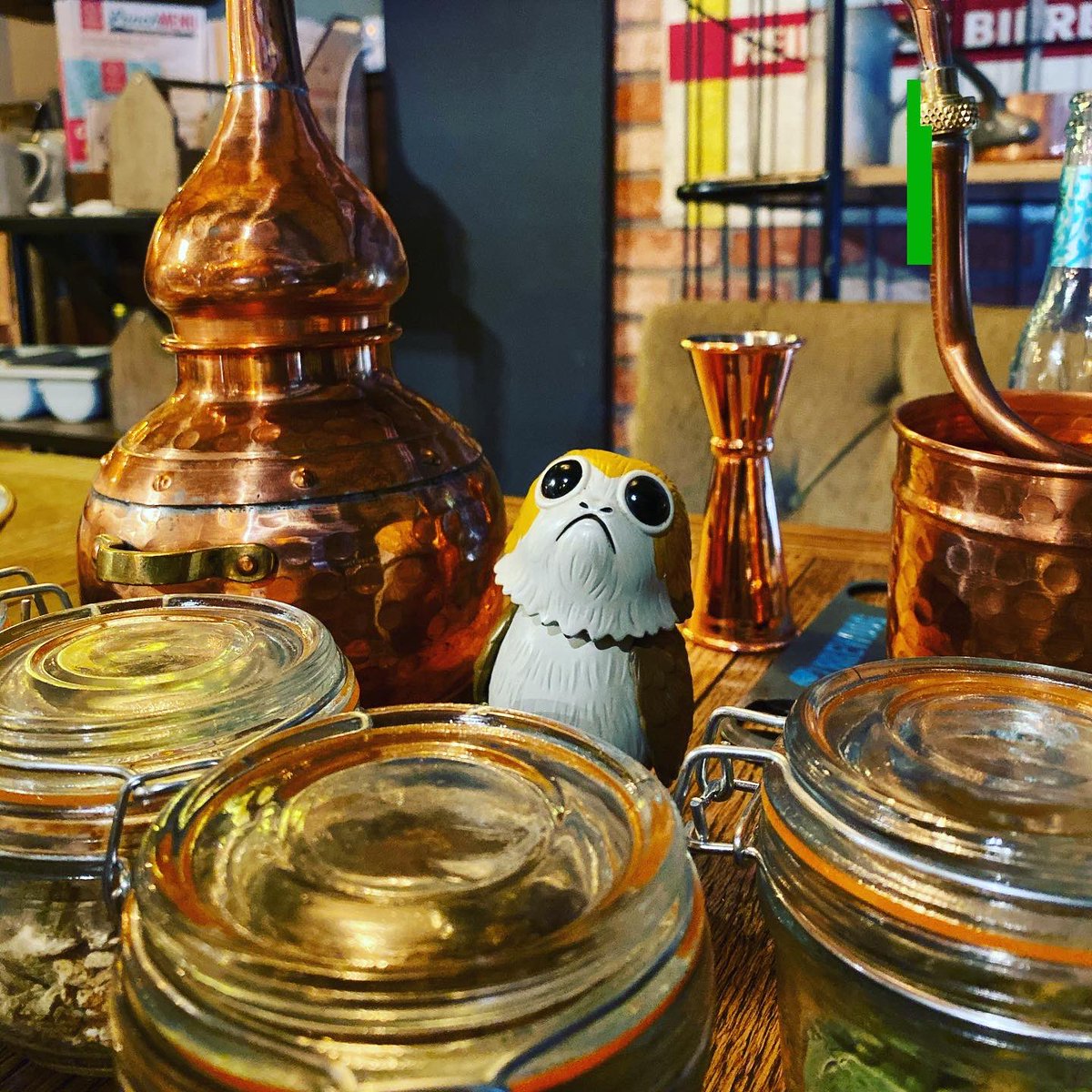 PabloThePorg's tweet photo. Hooooman is tasting gin and getting giggly #Porg #StarWars #Gin #GinMasterclass #Cheltenham #TheLastJedi https://t.co/M2MXsSrcCr