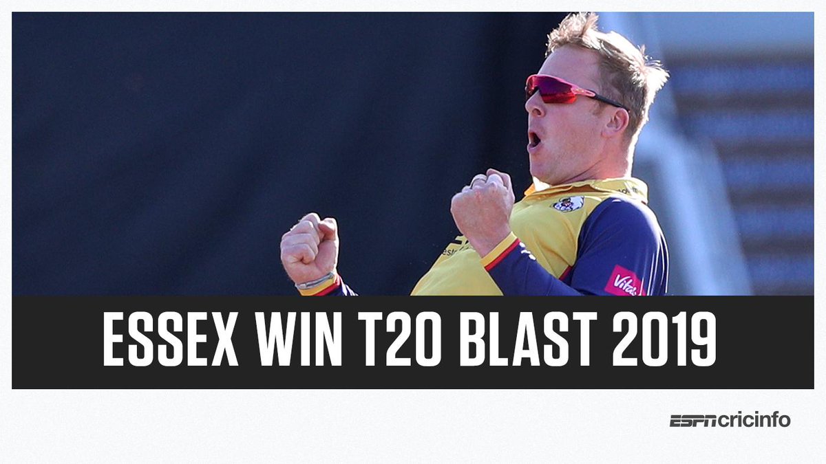 Essex win their maiden T20 Blast
title!  Simon Harmer hits the
winning runs on the final ball in
a low-scoring thriller! Essex win
by four wickets!  Scorecard:
es.pn/Blast19Final #Blast19
#FinalsDay