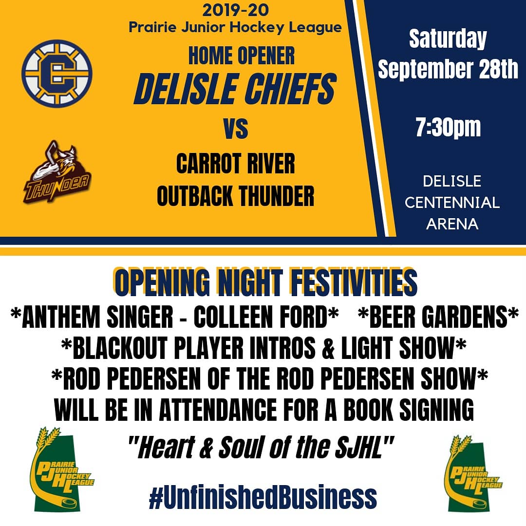We're excited to announce plans for our @PJHLofficial Home Opener, Sat, Sept. 28th. Be in your seats before 7:30pm as we BLACKOUT the arena for Player Intros.

Special Guests in attendance include <a href="/rodpedersen/">Rod Pedersen</a> from the <a href="/RodPedersenShow/">The Rod Pedersen Show</a> 

 #UnfinishedBusiness

@JrNightCanada