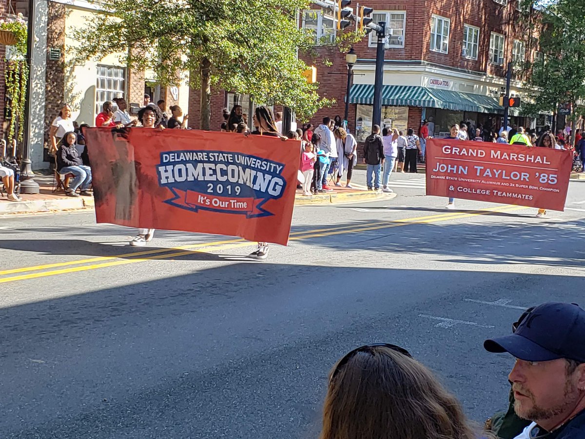 DelStateFdn's tweet image. It was a beautiful day for a Homecoming Parade with Grand Marshal John Taylor '85, Mr. &amp;amp; Miss Delaware University, The Approaching Storm and many, many other great participants!