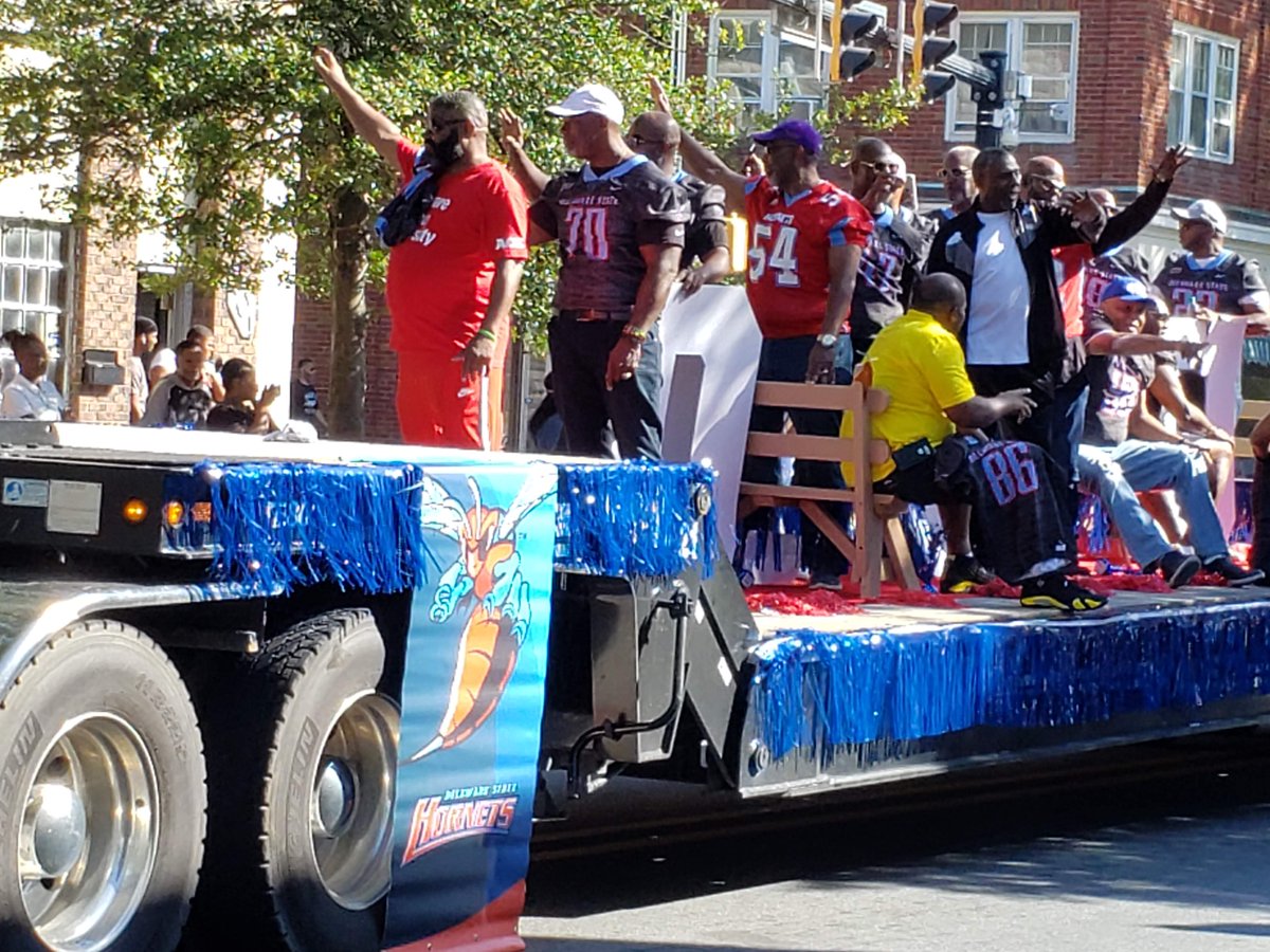 DelStateFdn's tweet image. It was a beautiful day for a Homecoming Parade with Grand Marshal John Taylor '85, Mr. &amp;amp; Miss Delaware University, The Approaching Storm and many, many other great participants!
