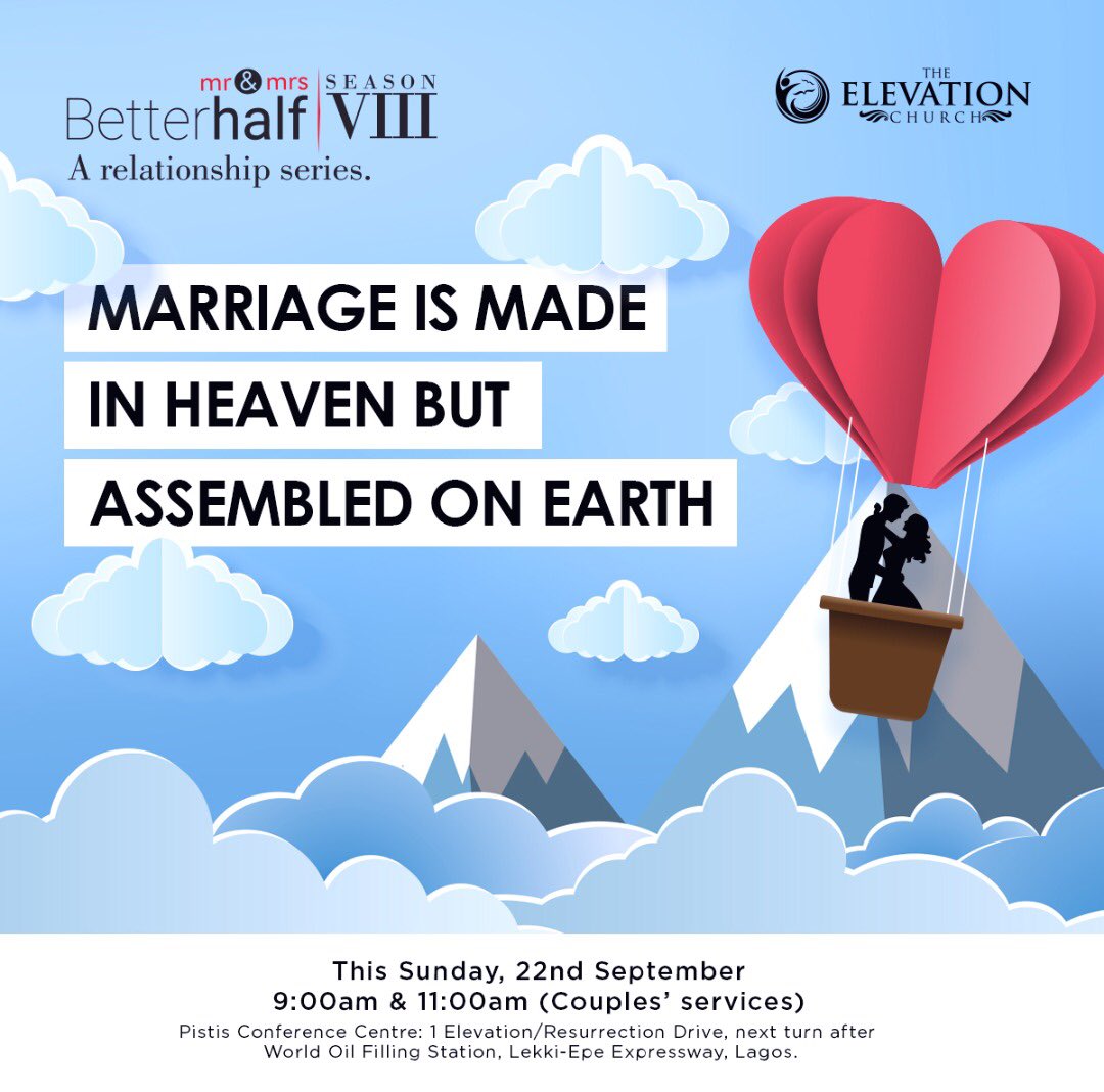 elevationng's tweet photo. This Sunday in all our services-7am,9am & 11am, we continue the teaching series #Solid.
Remember 1st service is for singles.
At the 2nd & 3rd service, the married couples get to renew their vows😊😍 You can tell we will have an awesome time!
Please invite someone.
#ElevationNG https://t.co/7wZknXbFuB