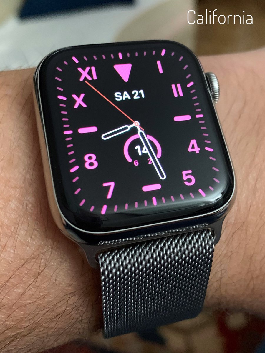 DANdFRA's tweet image. A real game changer! “Always On Display - AOD” mode and “California” #watchface and original #milaneseloop #watchband on #applewatchseries5 #cellular #stainlesssteel #silver #apple #watchos6